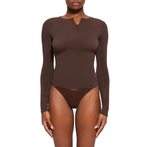 SKIMS New Vintage Long Sleeve Henley Top in Cocoa Brown NWT Size 2X - Picture 1 of 9